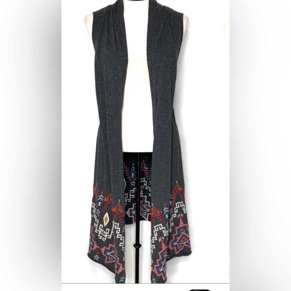 JOHNNY WAS | Grey Aztec Embroidered Drape Vest | S